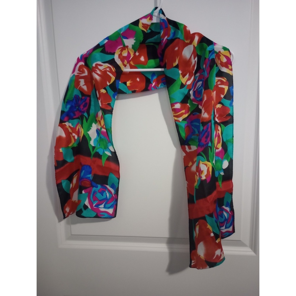 Vintage Floral Oblong Scarf Long Narrow Black Multicolor Abstract Flower 52 x 10
